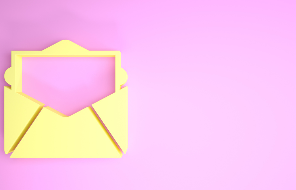 Yellow Mail and E-Mail Icon Isolated on Pink Background. Envelope Symbol E-Mail. Email Message Sign. Minimalism Concept. 3D Illustration 3D Render